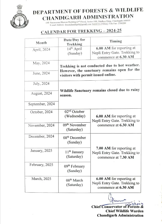 Trekking Calendar Chandigarh Administration