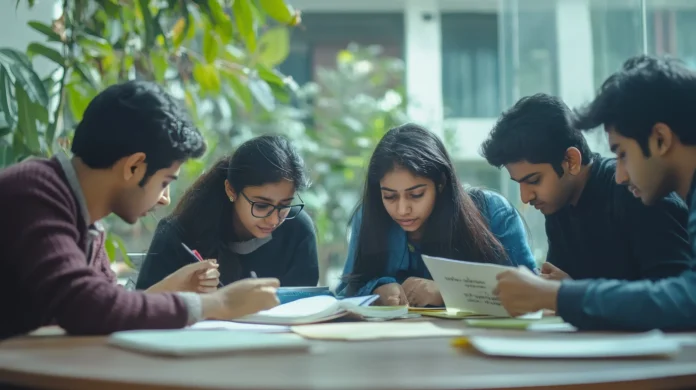 Students studying together at a table with notebooks and papers