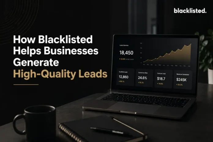 Blacklisted graphic, How Blacklisted Helps Businesses Generate High-Quality Leads, with a laptop showing a leads dashboard