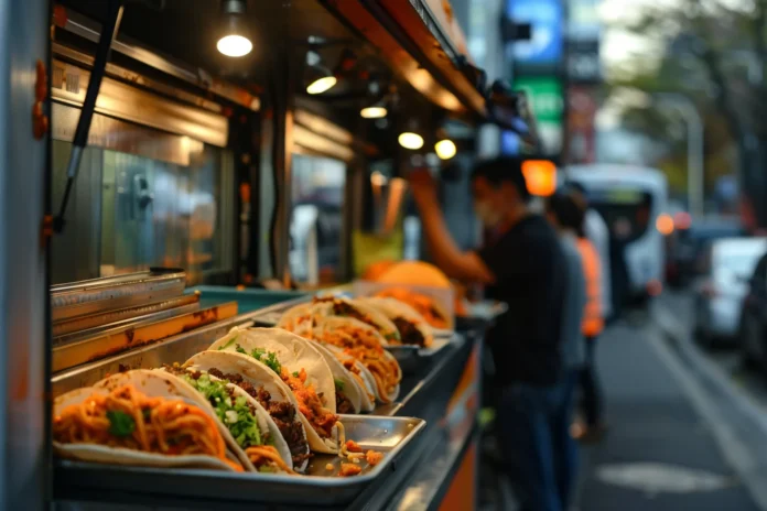 Tacos lined up on a lit street-food counter at night