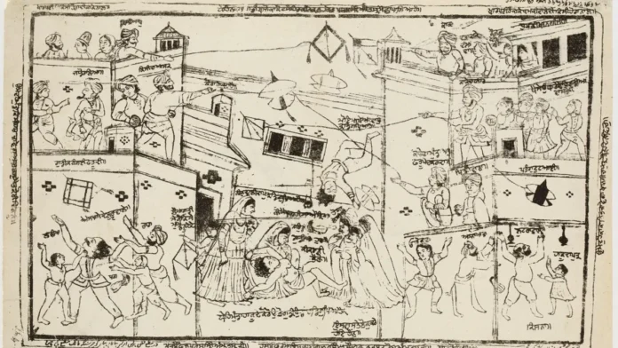Old black-and-white woodcut showing people flying kites from rooftops, from Lahore or Amritsar, about 1870
