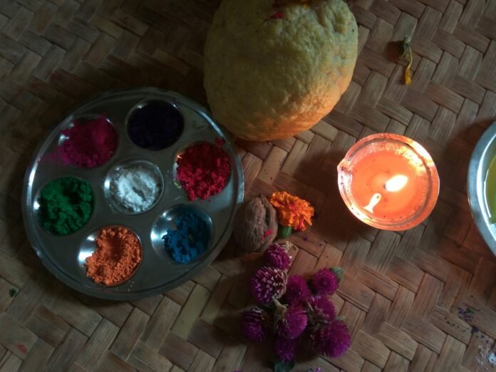 Seven-colour tika powders and ritual items prepared for Bhai Dooj, the festival celebrating the brother-sister bond