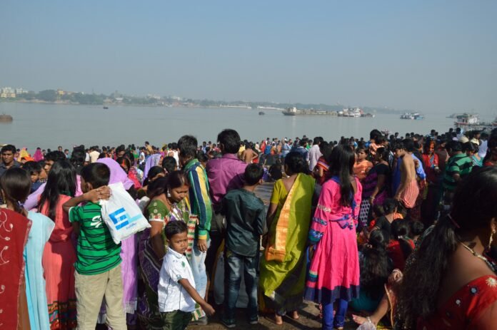 Devotees gathered at a riverbank ghat for Chhath Puja, the festival marked at Sector 42 Lake in Chandigarh and the Ghaggar in Panchkula