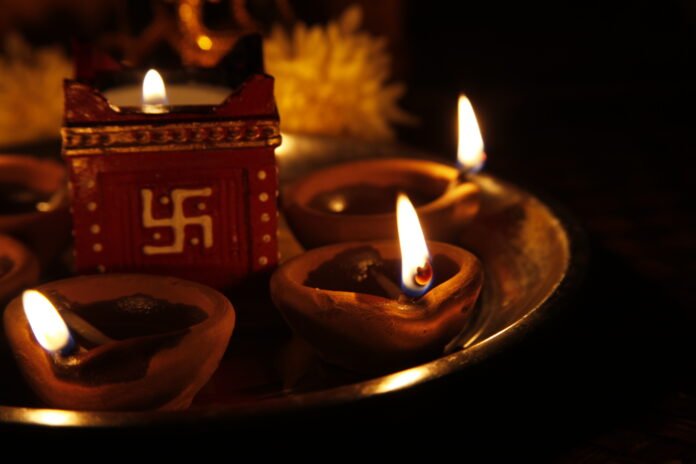 Clay diyas lit on Dhanteras night, the first day of the Diwali festival, honouring Lakshmi and Dhanvantari
