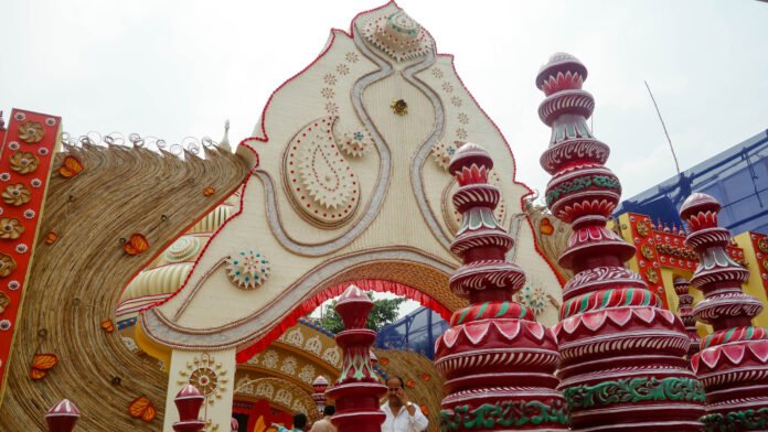 Elaborately decorated Durga Puja pandal, the style of decoration seen at Chandigarh tricity venues like Kalibari and Banga Bhawan