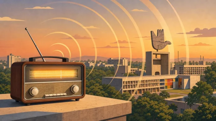 Illustration of an FM radio with sound waves over the Chandigarh skyline