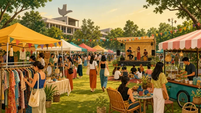 Illustration of a colourful pop-up flea market festival on club lawns