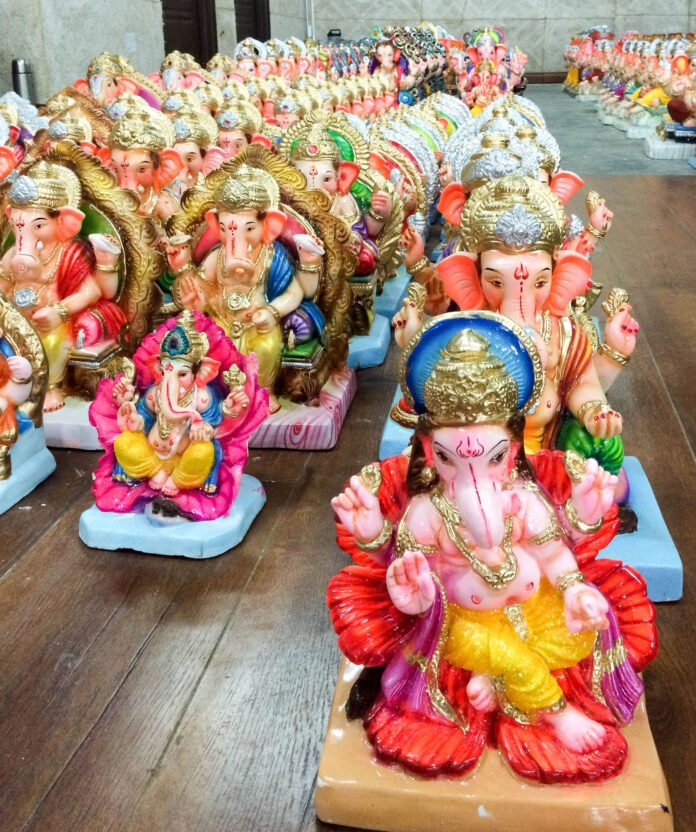 Colourful Ganesh idols prepared for Ganeshotsav, the Marathi festival celebrated at Maharashtra Bhawan Chandigarh