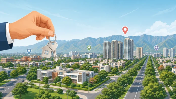 Illustration of homes, towers and location pins across a planned tricity