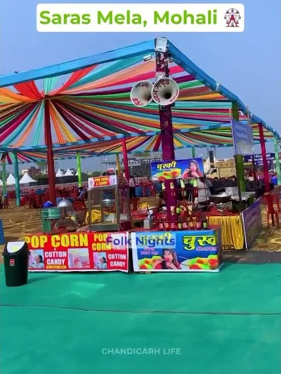 Colourful canopy stalls selling popcorn and snacks at the Saras Mela ground, Sector 88, Mohali, in October 2024