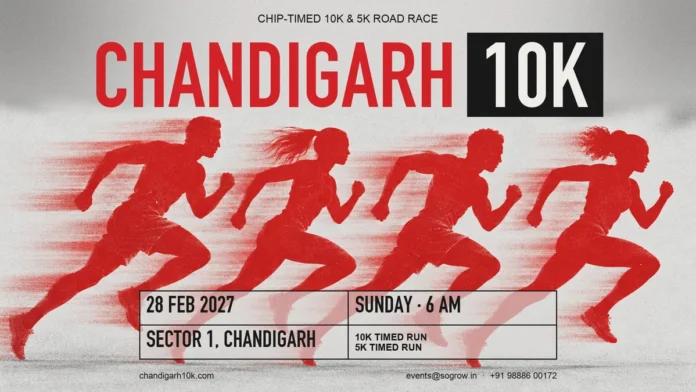 Chandigarh 10K banner with red runners: 10K and 5K timed runs on Sunday 28 February 2027 in Sector 1, Chandigarh
