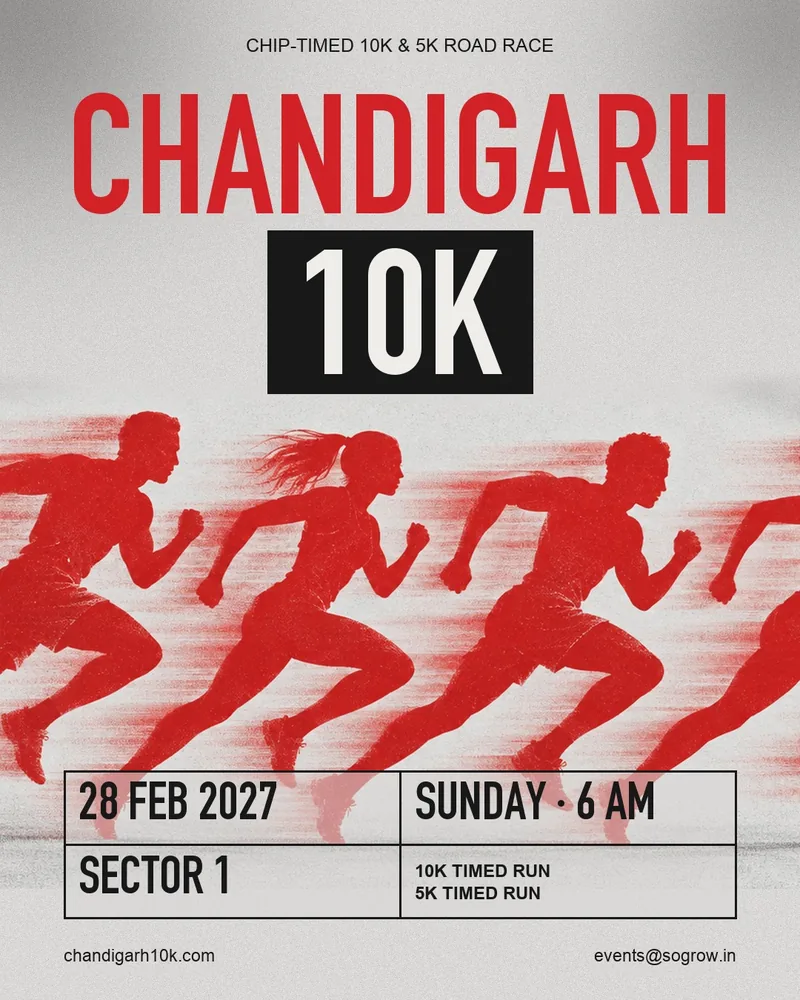 Chandigarh 10K: Date, Entry Fee, Races And How To Register 1 Chandigarh 10K race poster: 10K and 5K timed runs on Sunday 28 February, 6 AM, Sector 1, Chandigarh