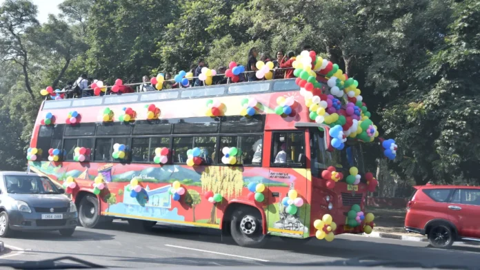 Chandigarh hop-on hop-off double-decker tour bus decorated with balloons and flowers
