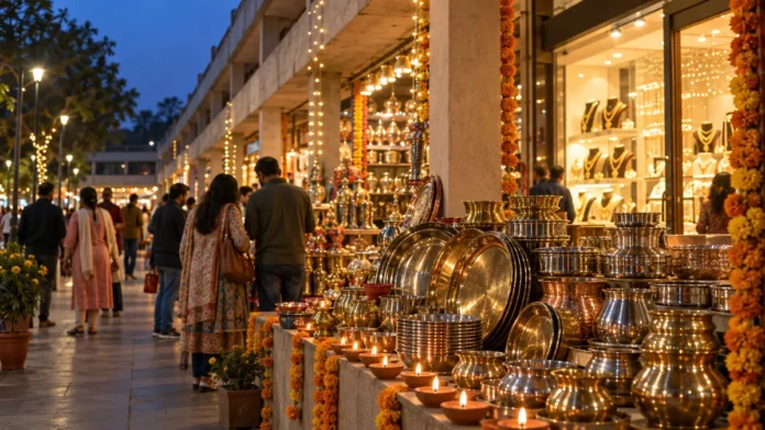 Brass and steel utensils, lit diyas and marigolds outside a jeweller’s window in a Chandigarh market arcade on Dhanteras evening