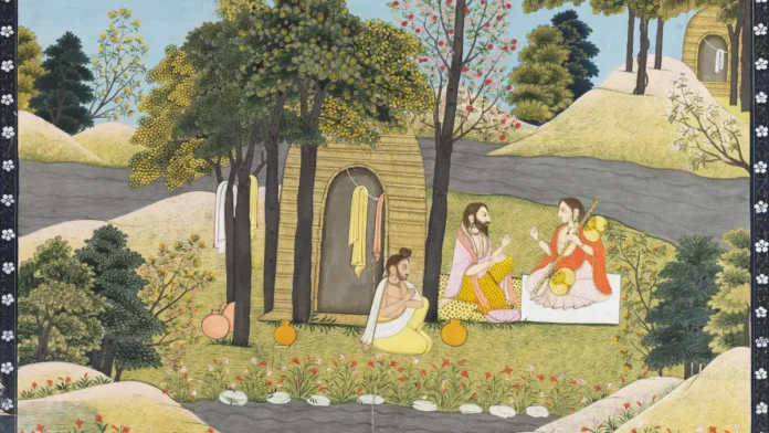 Painting of Sage Narada visiting Sage Valmiki at his hermitage among trees and hills