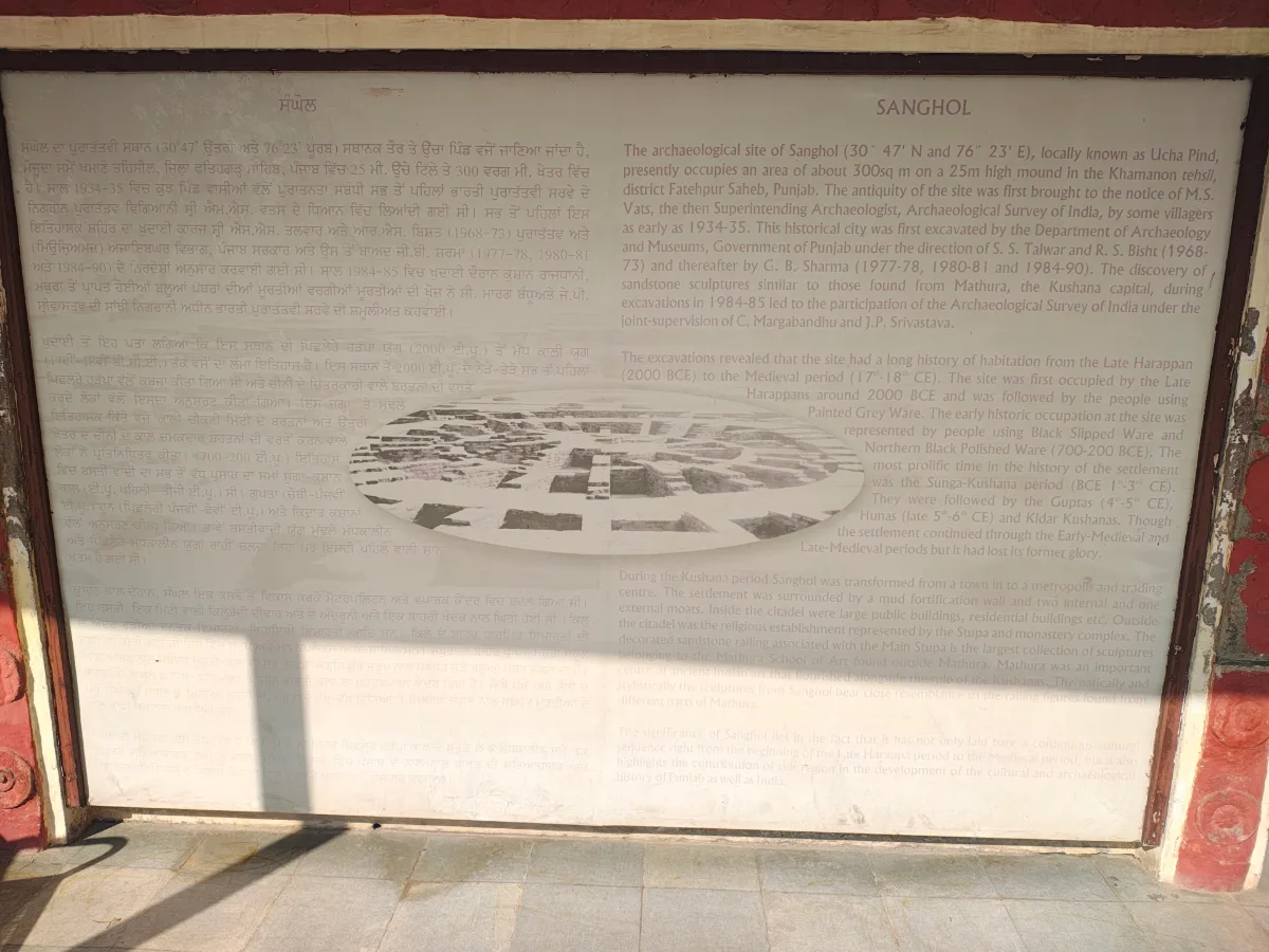 Bilingual Punjabi and English information board about the Sanghol archaeological site, with a plan of the excavated settlement in the middle