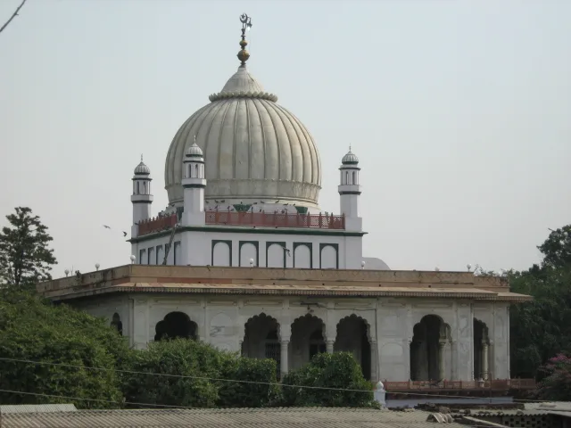 Fluted stone dome with small corner minarets above the tomb of Ahmad Sirhindi at Rauza Sharif, Sirhind, rising over trees